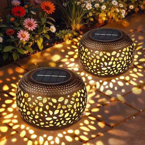 Solar Lanterns Outdoor Waterproof 2 Pack Retro Metal Hollow Out Solar Lights for Outside Garden Yard Patio Lawn Porch & Indoor Desk Table Decor Unique Gifts for Women Mom