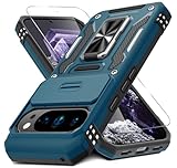 DEERLAMN Case for Google Pixel 10 Pro XL with Slide Camera Cover+Screen Protector(1 Pack), Rotated Ring Kickstand Military Grade Shockproof Protective Cover-Light Blue