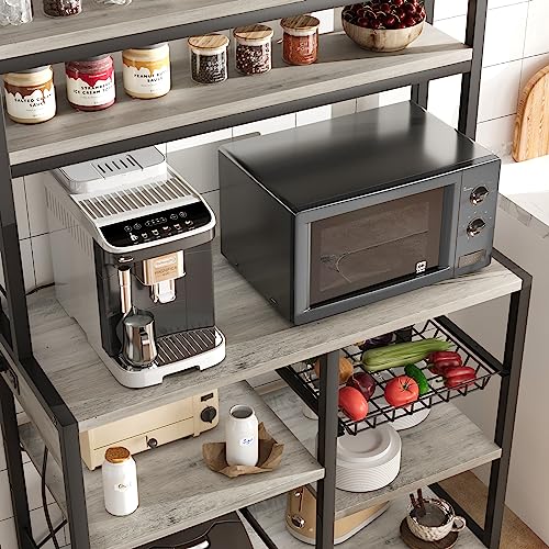 GarveeHome Microwave Stand Bakers Rack with Power Outlet, Kitchen Baker Rack with Wire Basket, 6-Tier Large Freestanding Utility Storage Shelf for Kitchen Dining Living Room, Rustic Gray