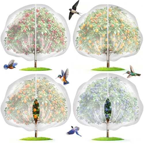 4-Pack 12x10FT Fruit Tree Netting Bags Bird Netting Safeguard Apple Trees and Blueberry Bushes from Birds Pest and Deer Cicadas Netting Cover with Zipper and Drawstring