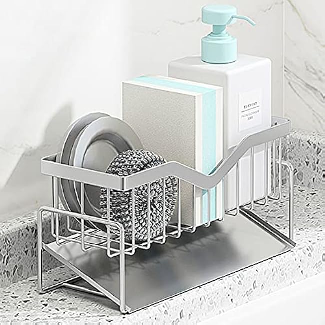 Kitchen Sink Caddy Sponge Holder, Quick Draining, SUS 304 Stainless Steel Sponge Organizer, Basket for Cleaning and Scrub Tool, Kitchen Sink Brush Caddy Holder