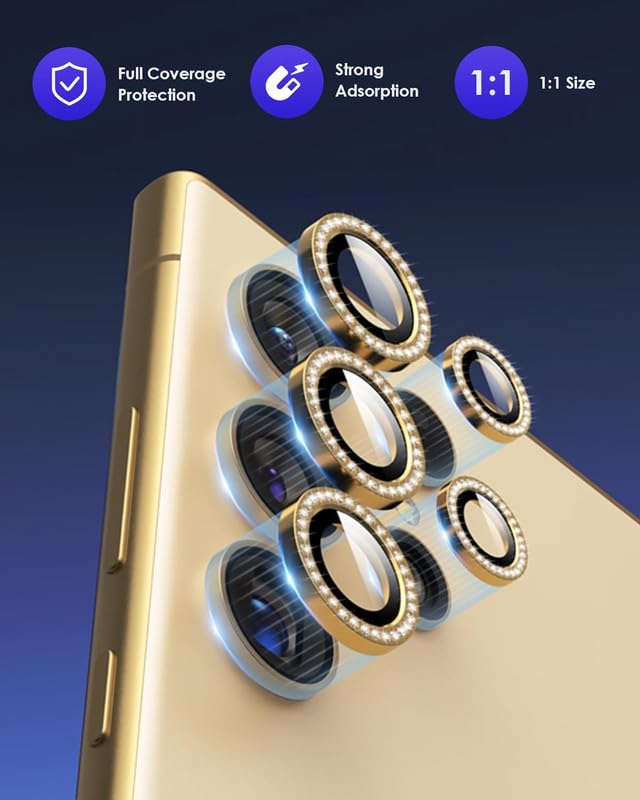 Image of Camera Lens Protector For Samsung Galaxy S24 Ultra 5G (Metal Ring /Anti-Scratch /Clear /GOLD DIAMOND), Pack of 5