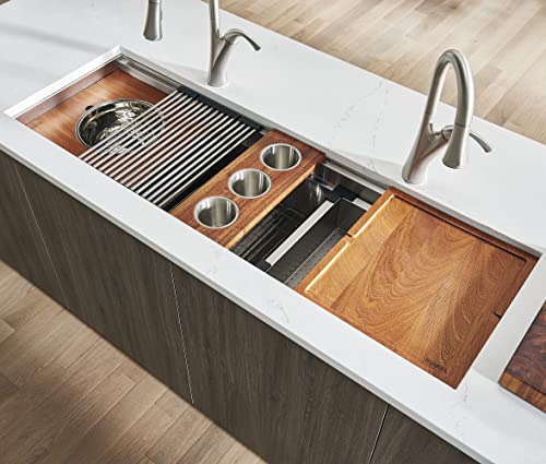 Image of Ruvati 57-inch Undermount Workstation Kitchen Sink - 16 Gauge Stainless Steel Single Bowl with Ledges & Accessories - RVH8555