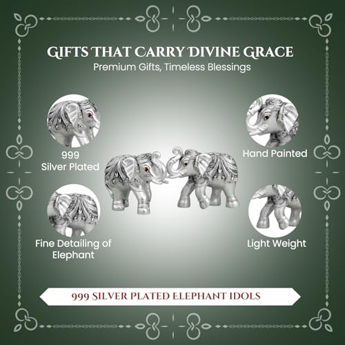 Image of Ekhasa 999 Pure Silver Plated Elephant Pair Showpiece with Gift Box | Silver Idol Set Home Decor Office Desk | Good Luck Feng Shui Vastu Animal Pair Religious Housewarming Griha Pravesh Gift