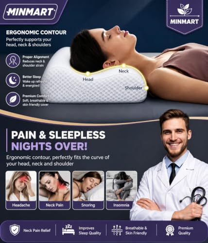 Image of MINIMART Memory Foam Pillow for Neck Support | | Orthopedic Contour Pillow for Cervical Spine Alignment & Shoulder Support | Made in India | 19 x 11 x 3.5 Inch A1