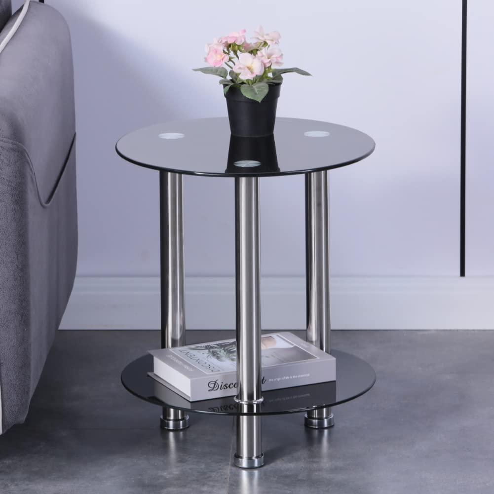Round Glass Side Table Modern Small End Table for Living Room, Black