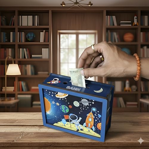 Image of DARSHANAM WORLD Space Theme Money Bank for Kids | Baby Learning Piggy Bank | Cartoon Astronaut Rocket Design Coin & Cash Saving Box | Educational Gift for Children (Galaxy)