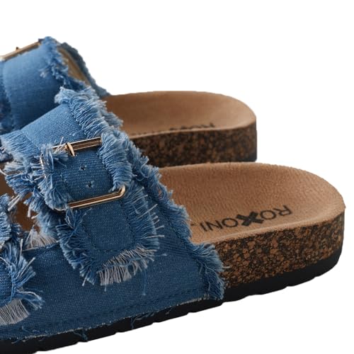 Roxoni Women's Comfort Flat Sandals Double Buckle Adjustable Straps Flat Slides Footbed Suede3