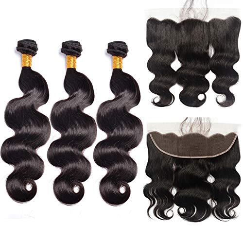 Brazilian Body Wave 3 Bundles With Frontal(16/18/20+14 Inch) Virgin Human Hair Weave And Ear To Ear Lace Frontal Closure With Baby Hair Free Part Natural Black
