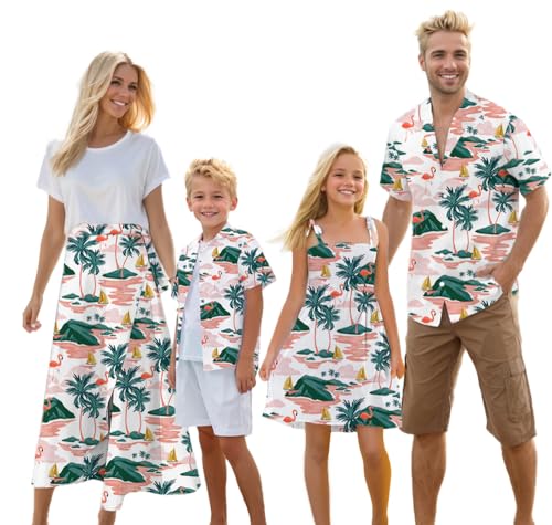 Cromoncent Matching Hawaiian Outfits for Family, Dad and Son Matching Luau Beach Tropical Shirts Mommy Daughter Tropical Sets,Hawaiian Shirt,Flamingo White,2-3Y=Tag100