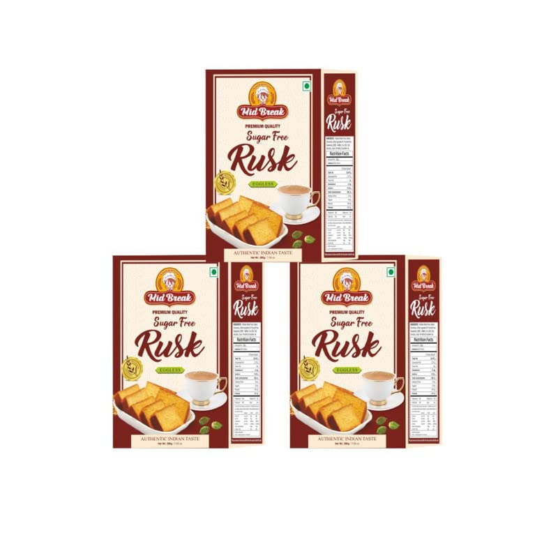 Mid Break - Sugar Free Rusk | Sugar Free Toast | Premium Handmade Rusk | Perfect Teatime Partner | 200 gms each | Pack of 3