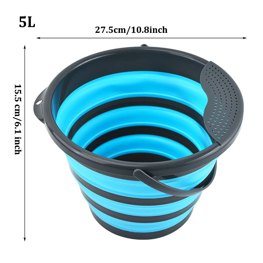 DUNAKE Faltbarer Eimer Camping, Putzeimer Mit Griff, Faltbare Silikon Eimer, Zusammenklappbares Waschbecken, Faltbares Waschbecken Mit Abnehmbarem Sieb Für Gemüse, Obst (Color : Green, Size : 5L)