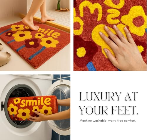 Image of SANMARINO Luxurious 2000 GSM Microfiber Bath Mat | Super Soft, Thick & Fluffy | Anti-Skid, Super Absorbent, Machine Washable Bathroom /Bedroom /Kitchen /Door Mat (40x60 cm, Pack of 1) Red & Yellow
