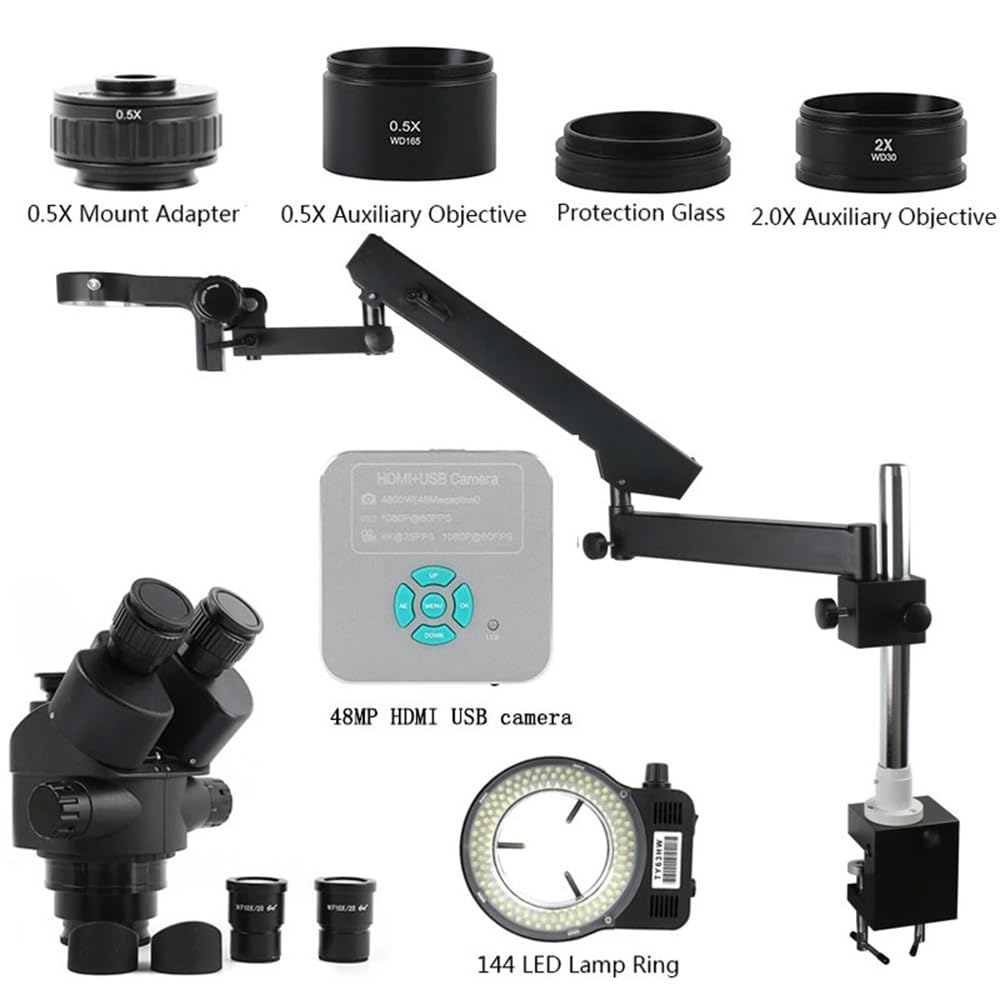 Microscope 32MM Column Articulating Arm Pillar Clamp Stand 3.5X-90X Parfocal Simul Focal Trinocular Stereo Microscope 48MP 4K HDMI USB Video Camera