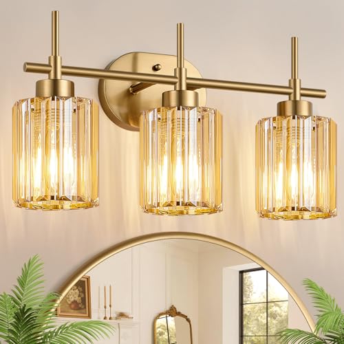 Image of Modern Crystal Bathroom Light Fixtures Over Mirror, 3-Light Brushed Gold Bathroom Vanity Light with Amber Glass Shades, Modern Vanity Lights for Bathroom, E26 Base, Bulbs Not Included