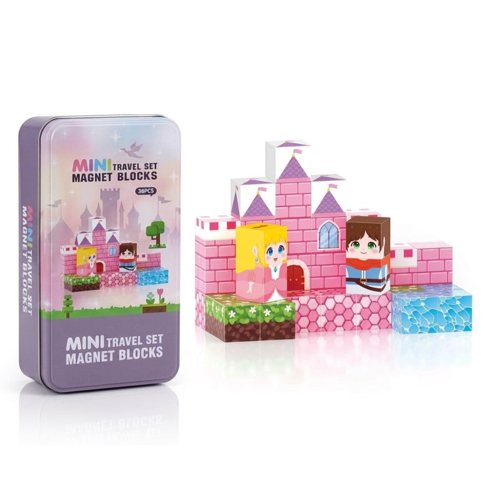 Princess Castle Mini Travel Magnetic Blocks Set for Kids (38 Pcs) - DIY STEM Building Toy | Educational Magnet Cubes | Birthday Gift for Boys & Girls Ages 3+ Years (Princess Castle)-image-30