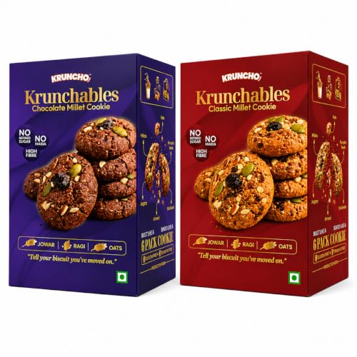 Image of KRUNCHO BY NVI Krunchables Millet Cookies Variety Pack | Chocolate & Classic Flavours | No Refined Sugar, No Maida | Made with Jowar, Ragi & Oats | 2 Boxes, 180g Total