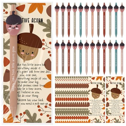 Saypacck 30 Set Thanksgiving Gift Bulk for Coworkers Positive Acorns Ballpoint Pens with Inspirational Positive Cards Emotional Appreciation Fall Gifts for Staff Friend Office Supplies Party Decor