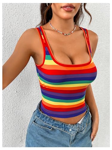SweatyRocks Women's Rainbow Striped Print Square Neck Tank Top Summer Casual Sleeveless Fitted Tops2