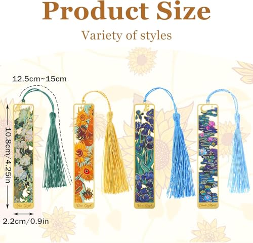 Image of Metal Bookmark Set of 4 with Tassel, Gold Hollow Van Gogh Design, Artistic Book Marker for Readers, Unique Gift for Book Lovers, Students, Men, Women, Kids.