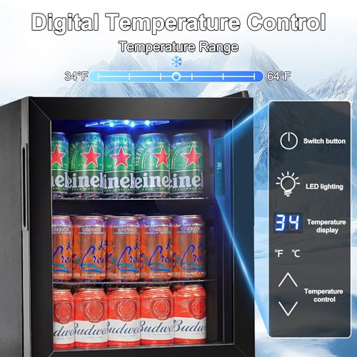 Image of Mini Fridge 50 Can, Small Beverage Refrigerator with Reversible Glass Door, Countertop Drink Cooler with Temperature Control, Compact Beer Soda Fridge for Office Dorm Kitchen, Black
