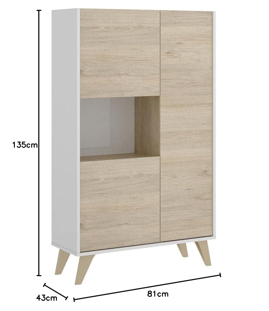 Mobelcenter - Mueble Aparador Alto 3 Puertas - Buffet Moderno - Armario Auxiliar Comedor - Acabado Color Blanco y Natural - Medidas: Ancho: 81 cm x Fondo: 43 cm x Alto: 135 cm - (1253)