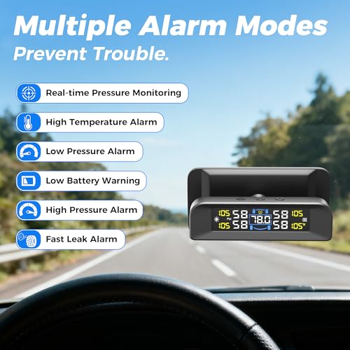 4 Sensors TPMS Tire Pressure Monitoring System, 6 Smart Safety Alerts, Adaptive Bright LCD, Solar/USB Charging, 0-6 Bar/87 PSI, Easy to Intall on Windshield for Car SUV MPV Trailer Truck - Image 4
