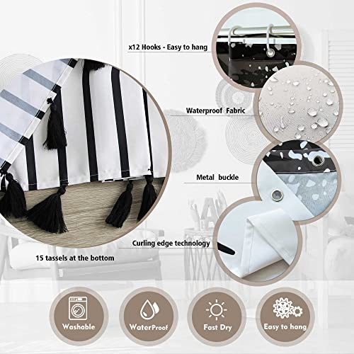 Giumsi 72"X72" Boho Mid Century Black And White Shower Curtain Sets With Tassel Pendants Arch Sun Modern Minimalistic Leaves Bathroom Curtains Waterproof Durable Ployester 12 Hooks Home Decorations #TOP2