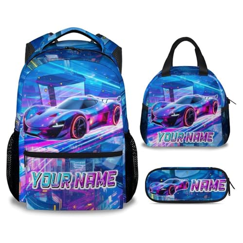 Boys Backpack, Personalized School Back Pack Set, Racing Car Backpack for Kids Ages 6-8, 17 Inch Toddler Schoolbag with Lunch Box and Pencil Case