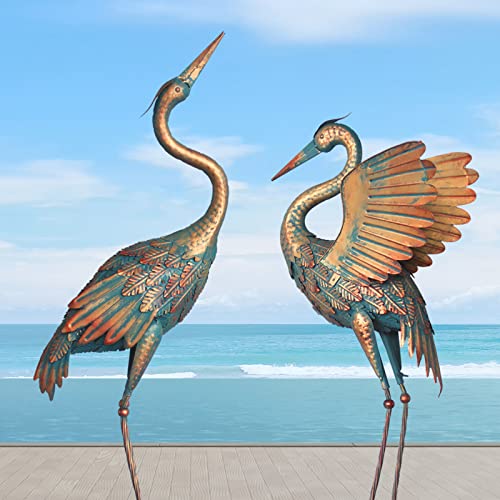 Oritty 33-37 Inch Metal Crane Garden Statue Décor, Bird Heron Garden Sculpture & Statues, Outdoor Decoration for Yard Pond Lawn Backyard Pool, Vintage Spread Wings Crane, Set of 2 Copper
