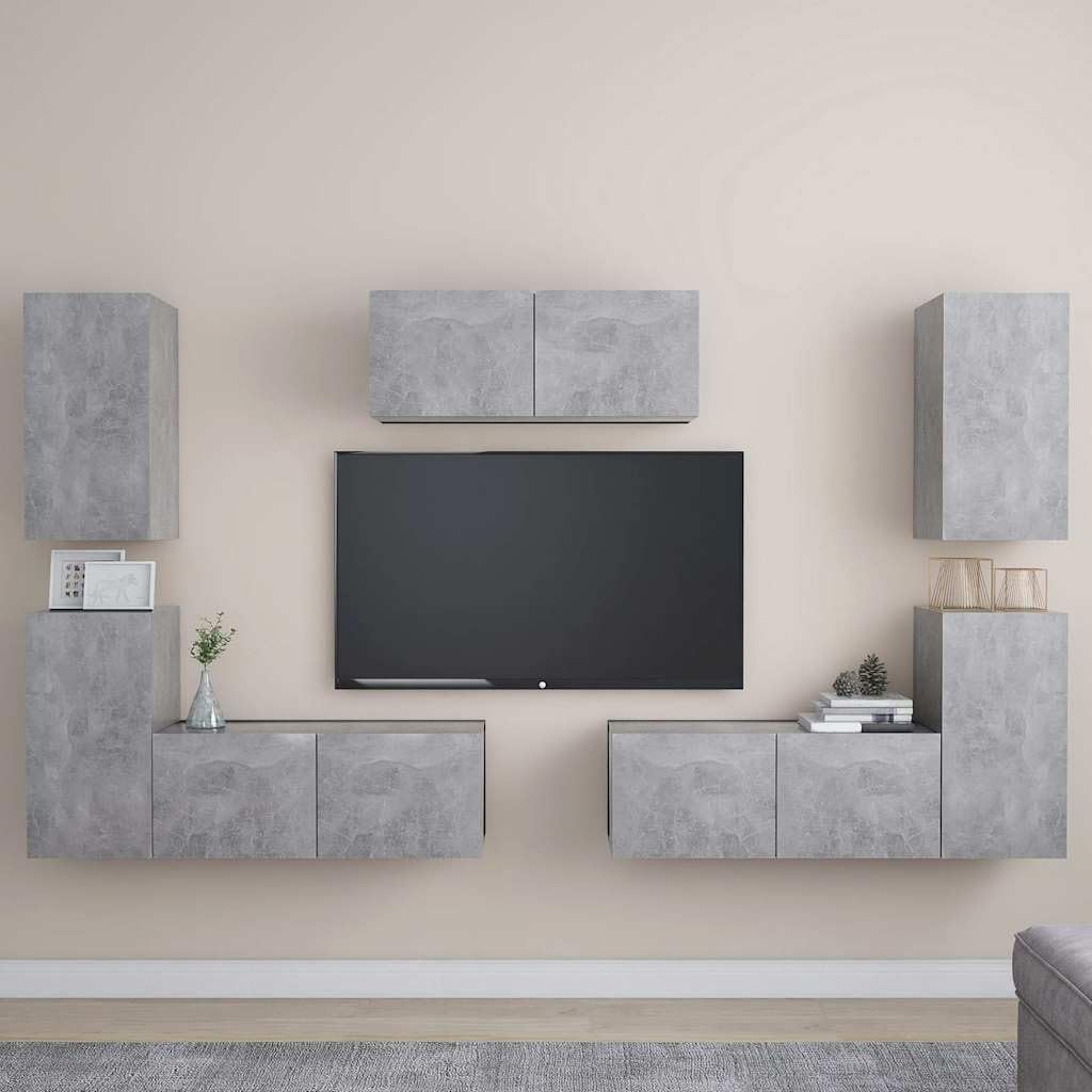 Lot de 7 meubles TV gris béton montage mural en bois