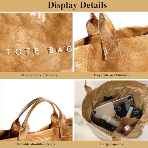 Image of PVC Tote Bag for Women Solid Color Large Letter Print Tote Bag Kraft Paper Clear Plastic Handbag Top Handle Bag(Green)