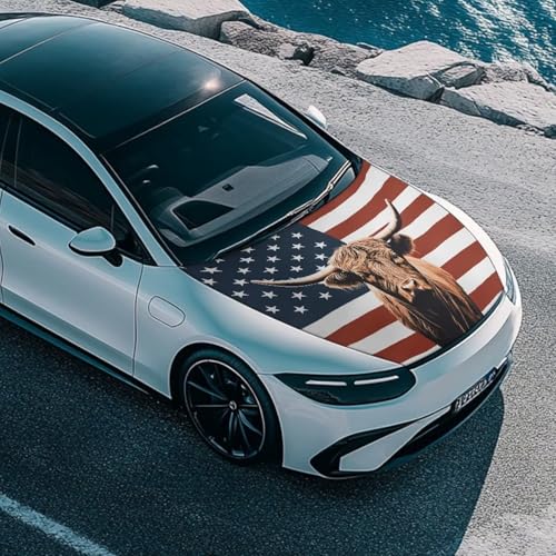 Image of Highland Cow Car Hood Cover, Car Bonnet Banner,American Flag Car Hood Cover Protector from Cats, Elastic Polyester, Stretchable, Waterproof Automotive Hood Covers