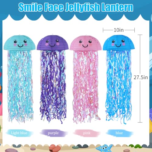 Image of Jellyfish Paper Lanterns Under The Sea Party Decorations Hanging Smile Face Jellyfish Lanterns for Baby Shark Mermaid Birthday Party Decorations Baby Shower Classroom Decor Pack of 4 Mix