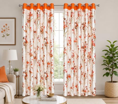 Image of 9 Feet Polyester Floral Light Filtering Long Door Curtains for Bedroom, Living Room & Hall, Eyelet Top, Orange Print Curtain Set of 3