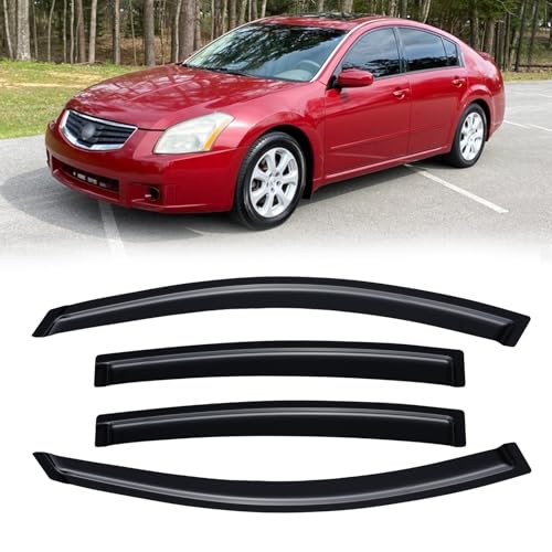 Image of Rain Guards Window Visor for 2004-2008 Nissan Maxima Out-Channel | Shields Vent Deflector Shade Wind Dark Smoke 2005 2006 2007 04 05 06 07 08, Tape-On Outside-Mount, 4PCS
