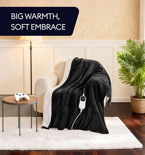Image of Heated Blanket Electric Throw 50 inchx60 inch - Safe Electric Heating Blanket with Auto Shut-Off & Overheat Protection, 10 Heat Settings, Washable Heated Throw for Couch, Bed, Office & Dorm, Charcoal Black
