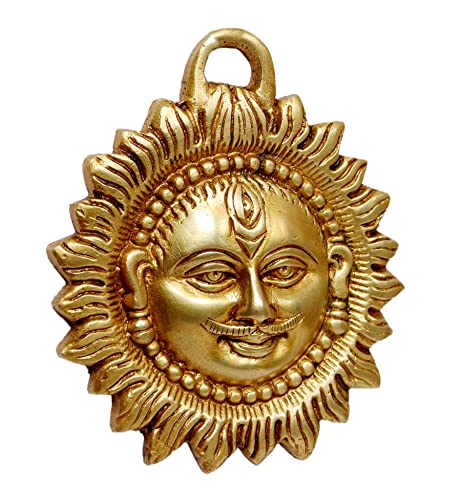 Image of Brass Sun Face Wall Hanging 4 Inches - Decorative Vastu & Feng Shui Showpiece for Home, Office, and Living Room - Yellow, Weight - 300 Grams