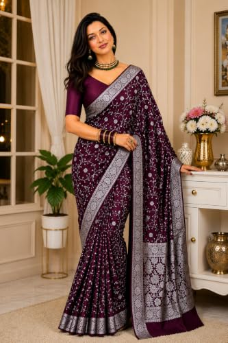Image of Women's Glory Banarasi Satin Kanjivaram Saree Silver Zari Border Pure Soft Blend Silk Sari Kanchipuram Paithani Silk Party Wedding Festive New Ladies Sadi with Unstiched Blouse Piece.