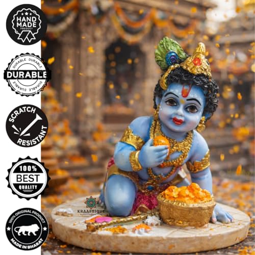 Image of Baby Krishna Idol for Home Temple & Pooja Room | Laddu Gopal Murti, Bal Gopal Makhan Chor Statue, Marble Dust Krishna Showpiece for Mandir Decor, Janmashtami Gift, Car Dashboard Decoration (4 Inch)