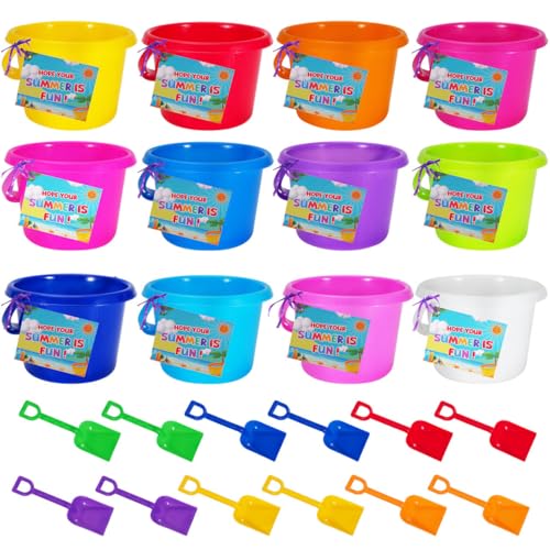 BeneFine 12 Pack Sand Buckets and Shovels for Kids 7.48 Inches | Beach and Sand Toys at The Beach | Use for Sand Molds at The Sandbox -12 Pail and 12 Shovel with Postcards Ribbons Set