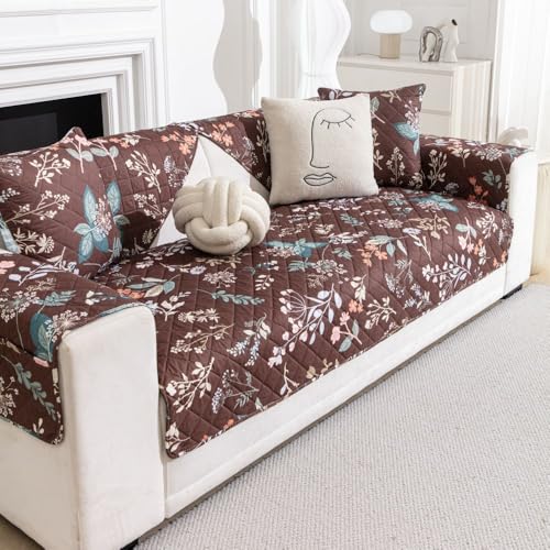 Image of HOMETHREADS Premium Style Anti Slip Sofa Cover Set | Cotton Sofa Slipcover | 1Pc Front Cover with Attached Armrest + 1Pc Back Cover (Dark Brown Flower, 3 Seater | 175x185cm)