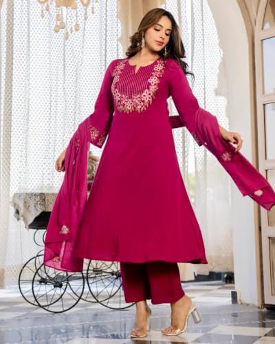 Image of KLOSIA Women's Embroidered A-Line Kurta Set with Dupatta | Floral Embroidery Ethnic Suit Set | Kurta Pant Set for Women | Festive, Wedding