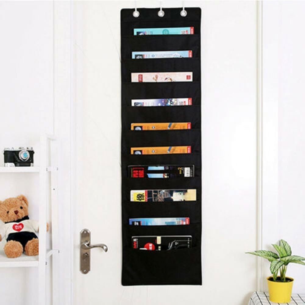 Hanging File Folder Organiser 10 Pockets Wall Mounted Document Storage for Office School - 420D Polyester Vertical File Holder with Hooks for a4 Paper Sorter 47x14 Inch