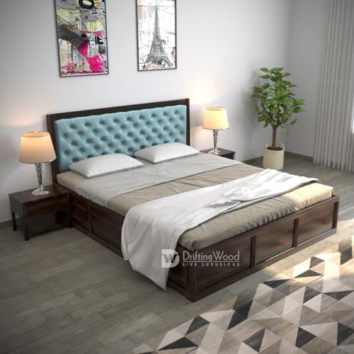 Image of DRIFTINGWOOD Dolvi Solid Sheesham Wood Queen Size Bed with Storage | Wooden Double Bed Cot Bed with Box Storage & Matt Cyan Velvet Upholstered Cushioned Headboard for Bedroom | Walnut Finish