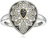 Sterling Silver and 14kt Gold Pear Shape Black or Blue Diamond Art Deco Ring