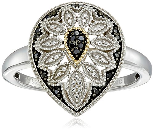 Amazon Collection Sterling Silver and 14kt Gold Pear Shape Black or Blue Diamond Art Deco Ring