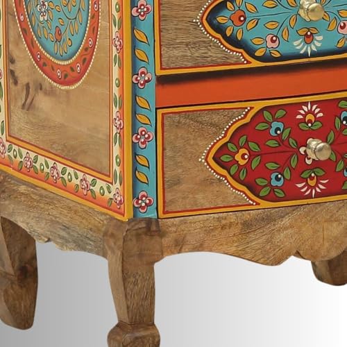 Image of Wooden Bedside Table for Bedroom with Drawer | Solid Wood Nightstand, Hand Painted Bed Side Table | Medium Size Storage Cabinet for Living Room, Multicolour-BS5