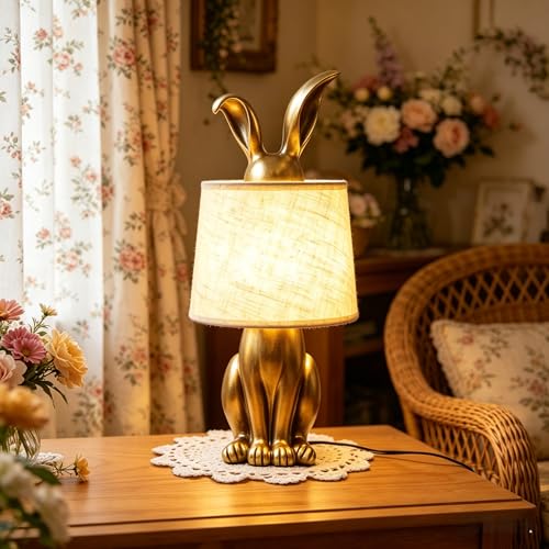 YHT Bunny Table Lamp Cute Animal Rabbit Lamp 15.7 Vintage LED Desk Light with Linen Lampshade Gold Main Part Beside Lamp for Bedroom Study Room Office Nursery Home Decor (Linen)