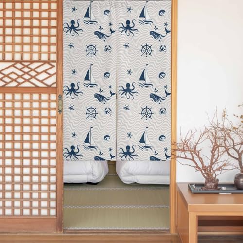 Sauoromeon のれん カーテン 幅110x丈180cm 厚手 遮光 暖簾 ドアカーテン 仕切り 目隠し 通気性 和風 おしゃれ フラット リング対応 ひも付き 動物 海洋生物 くじら アニメ 航海 船 縞 勝手口 玄関 キッチン リビング 春夏秋冬